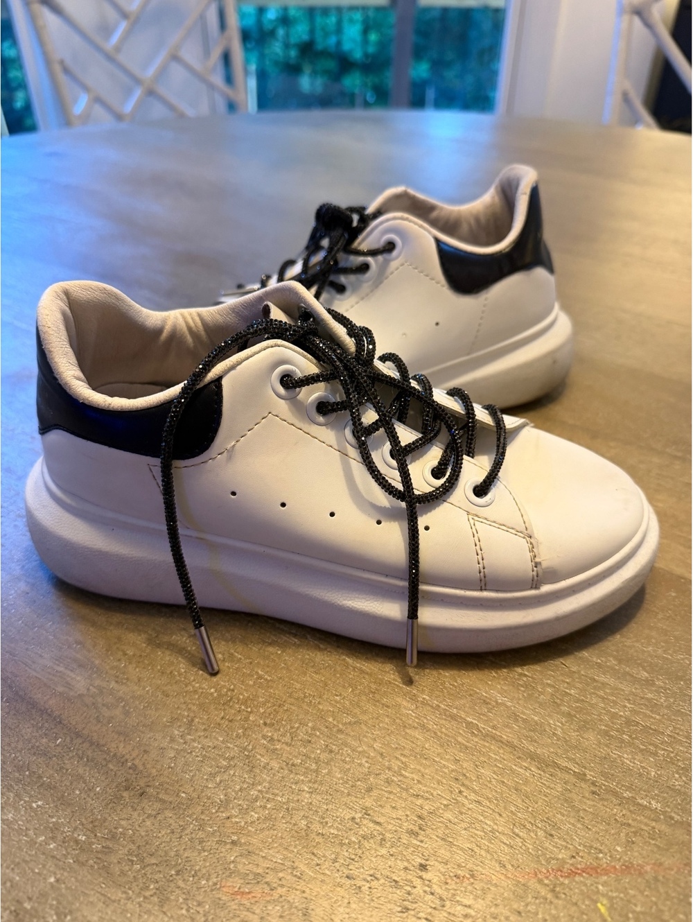 Alexander McQueen Black White Leather Oversized Sneakers Sz 37 Rhinestone Laces